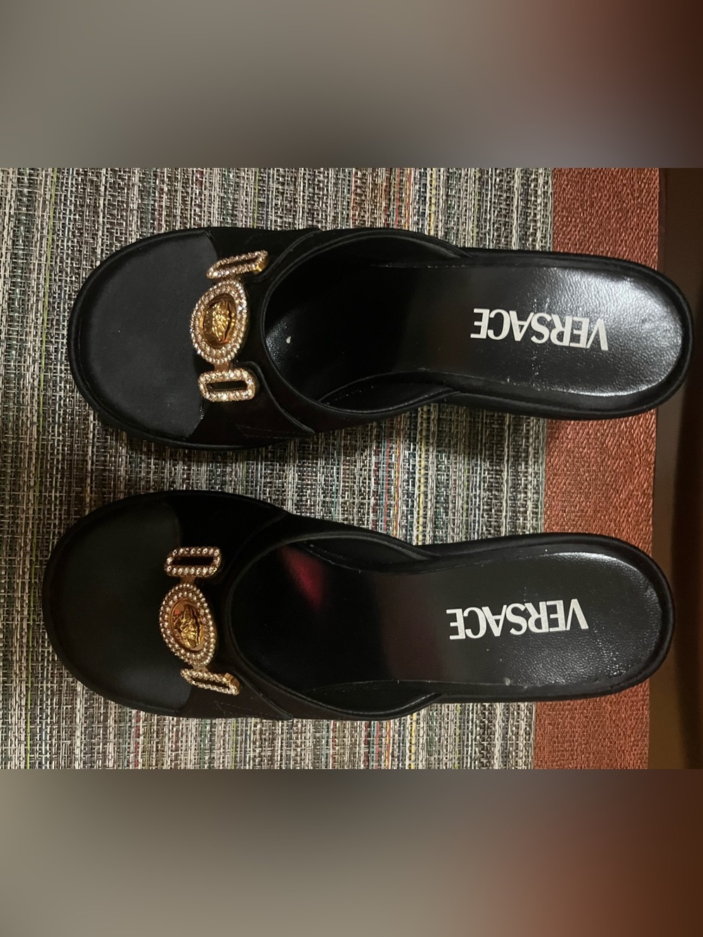 Versace Black Platform Slide Sandals with Gold Medallion Accent - Picture 2 of 8